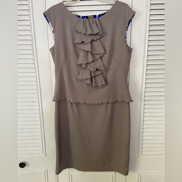 Donna Ricco Taupe Ruffled Layered Look Knee Length Midi Dress Feminine Size 12​ - Picture 1 of 11